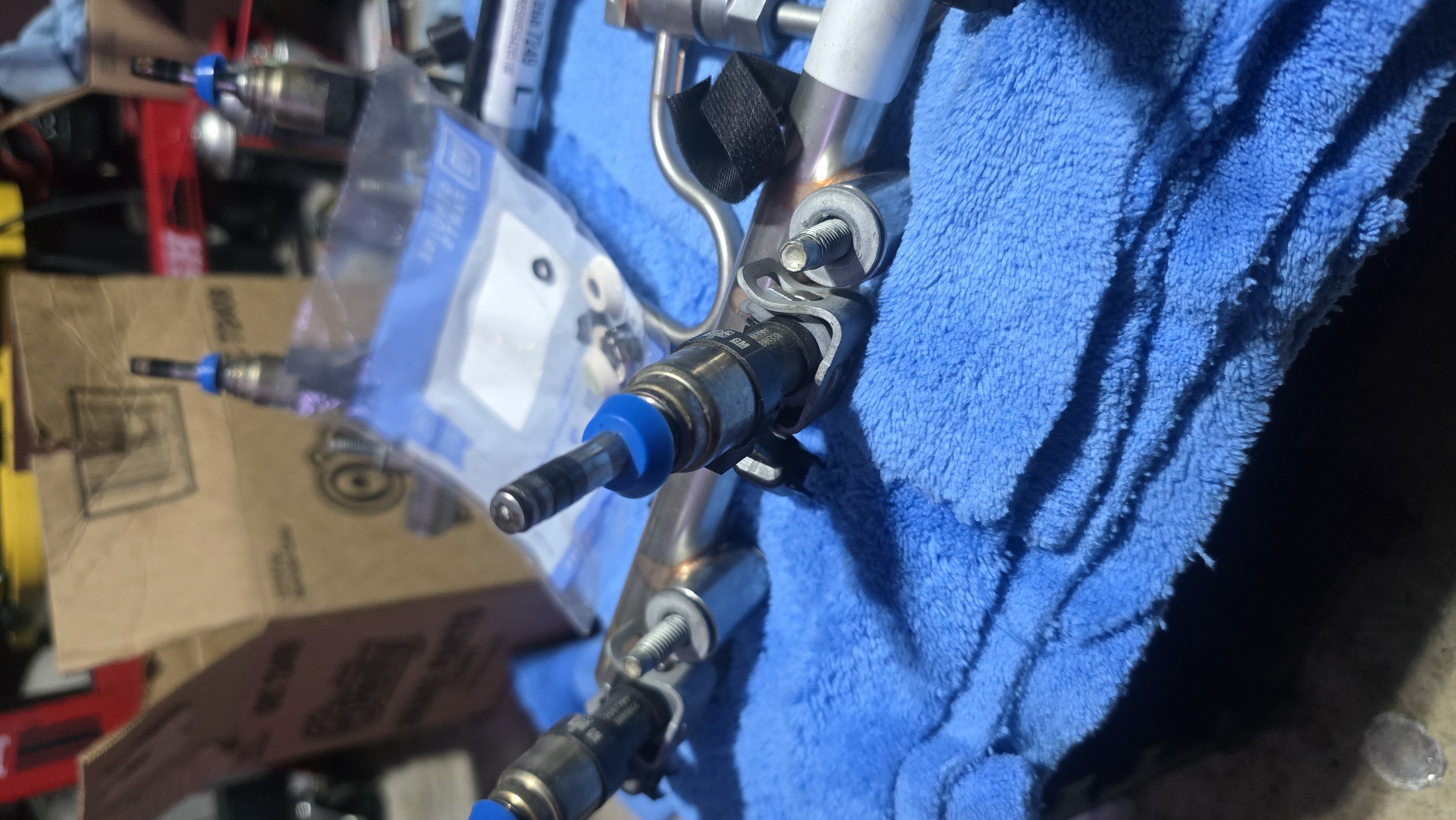 GM fuel injectors and fuel rail during inspection and service.